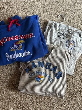 Kansas Jayhawks Blue & Gray Campus Tops - Logo Pullover & Striped Tee